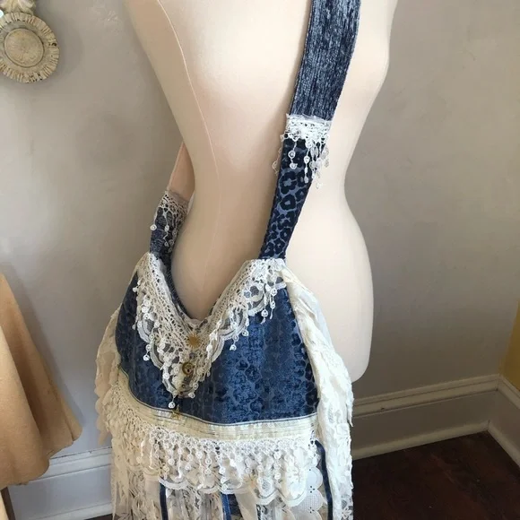 Bohemian Blue Animal Print Cross body Bag w/white lace,ribbon & blue aventurine